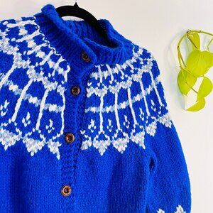 Blue Button Down Handmade Knit Collared Fisherman’s Sweater - XXS